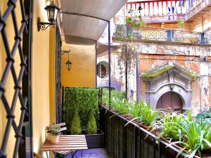 un balcone con piante e panca in un edificio di B&B Palazzo Solimena a Napoli
