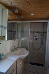 a bathroom with a sink and a shower at Knuschbrhaisle in Oberreute