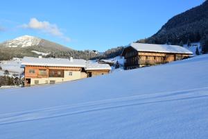 a snow covered slope in front of a building at Ritschhof in Castelrotto