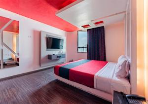 een hotelkamer met een bed en een televisie bij Hotel Puente Grande in Las Ánimas