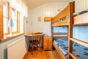 a small bedroom with a bunk bed and a desk at Hansjö stugby - Topersvägen in Orsa