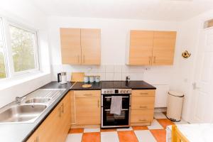 a kitchen with a stove and a sink at Cosy City Centre Apartment With Parking in Norwich