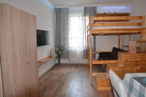 a bedroom with a bunk bed and a living room at Vega - Free Parking - Self Checkin in Graz