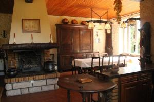 eine Küche mit einem Kamin und einem Tisch mit Stühlen in der Unterkunft Gite de L'Hirondelle in Mareuil-en-Brie