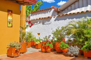 un patio con piante e fiori in vasi arancioni di Casa Jericó Zapatoca a Zapatoca