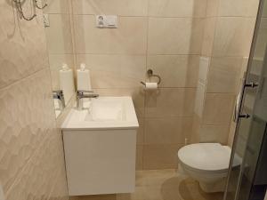 La salle de bains est pourvue d'un lavabo blanc et de toilettes. dans l'établissement Apartament Nad lipami, à Hajnówka