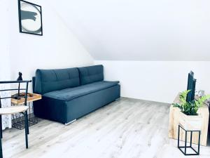 Apartament Salton في بوخنية: أريكة زرقاء في غرفة المعيشة مع طاولة