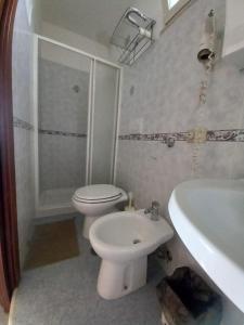 a bathroom with a toilet and a shower and a sink at Il Grifo in Sabaudia