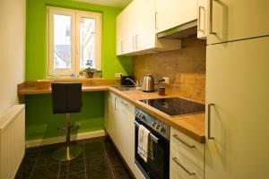 a kitchen with green walls and a sink and a stove at Ferienwohnung Erik in Bad Staffelstein