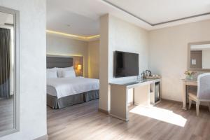 a hotel room with a bed and a desk with a television at Antik Hotel Istanbul in Istanbul