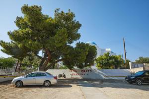 a car parked in a parking lot next to a tree at Erato Hotel in Agia Marina Aegina