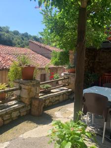 Sirviella的住宿－Posada El Pareón，一座带桌子和一些植物的花园以及一座建筑