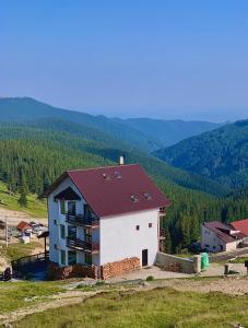 ein Haus mit rotem Dach auf einem Hügel in der Unterkunft Cabana Cota 1700 in Ranca