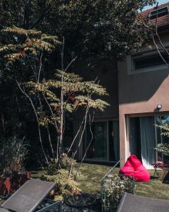 un sac rouge assis sur une table devant un bâtiment dans l'établissement La Ronde des Bois - Romance et Bien Être - Jacuzzi privatif-piscine-patio, à Mellecey