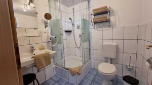 a bathroom with a shower and a toilet and a sink at Gaestehaus Gravell in Rust +20 photos