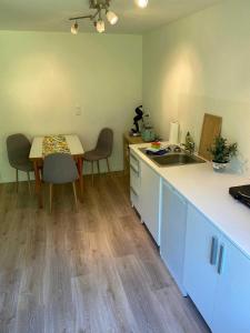 a kitchen with a table and a table and a sink at Ferienwohnung miraBelle in Erbach im Odenwald