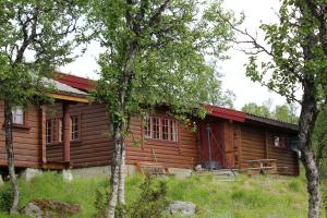 a log cabin in the woods with trees at Bjørnehiet Havsdalen in Geilo