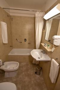 La salle de bains est pourvue d'un lavabo, de toilettes et d'une baignoire. dans l'établissement Austral Express, à Comodoro Rivadavia