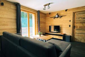 a living room with a couch and a television at La pépite des Aiguilles in Les Houches
