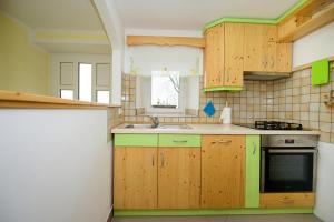 una cocina con armarios de madera y fregadero en Apartma Vidmar Otlica, en Ajdovščina
