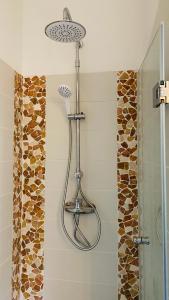 a shower with a shower head in a bathroom at gemütliche Wohnung in Bad Schwartau