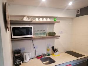 a kitchen counter with a microwave and a sink at Duplex en centro històrico y turìstico sobre AV. de Mayo in Buenos Aires