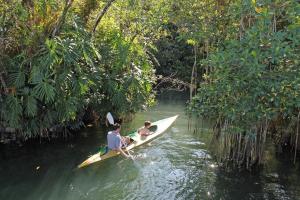 a person paddling a canoe down a river at Tortugal Boutique River Lodge in Río Dulce