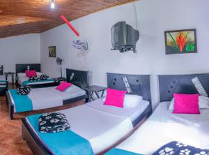 a room with two beds and a tv at Finca Hotel El Tizon in Quimbaya