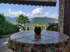 una mesa con un mantel con una planta en Sulzano Villa con Giardino Vista Lago Parking Free en Sulzano