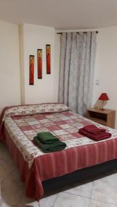 1 dormitorio con 1 cama con toallas rojas y verdes en mi depto en cba en Córdoba