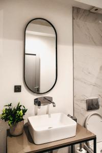 a bathroom with a white sink and a mirror at The Berg's 4 in Ocna-Mureşului