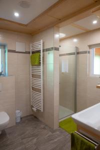un bagno con doccia e WC di Zirbenchalet Grossglockner a Heiligenblut Altre 36 foto