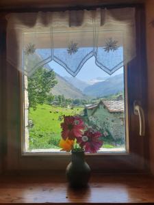 a vase with flowers sitting in front of a window at Chalet Le Bois Joli in Bonneval-sur-Arc