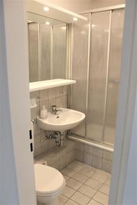 uma casa de banho com um lavatório, um WC e um chuveiro em Haus Barbara - Schwimmbad und Sauna im Haus- Whg 6 em Grömitz