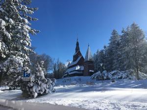 eine Kirche im Schnee mit schneebedeckten Bäumen in der Unterkunft LUBECA - a49948 in Hahnenklee-Bockswiese