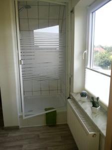 La salle de bains est pourvue d'une baignoire et d'une fenêtre. dans l'établissement Ferienwohnung "Bittner", à Thomsdorf