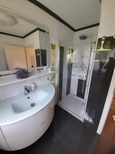 La salle de bains est pourvue d'un lavabo blanc et d'une douche. dans l'établissement Ferienwohnung Wührmann, à Wenkendorf