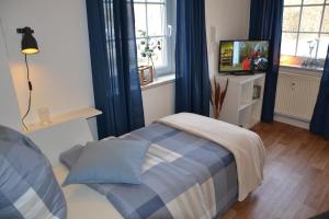拜羅伊特的住宿－Ferienwohnung Kirsch 1，一间卧室配有一张带蓝色窗帘的床和电视。