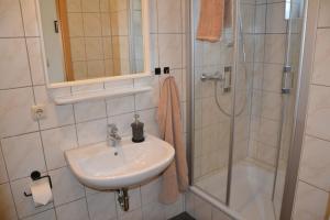 拜羅伊特的住宿－Ferienwohnung Kirsch 1，一间带水槽和淋浴的浴室