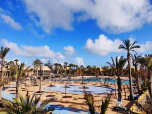 una grande piscina con palme e ombrelloni di Casa Giò a Corralejo