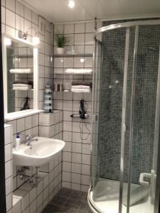 a bathroom with a glass shower and a sink at Ferienwohnung Meeresblick "Fehmarn" in Burgtiefe auf Fehmarn 