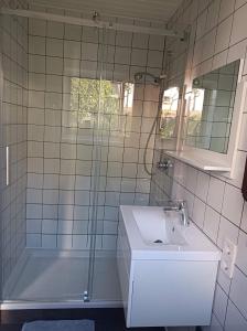 a bathroom with a sink and a shower at Relaxen vor den Toren Bambergs in Bischberg