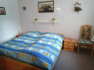 ein Schlafzimmer mit einem Bett mit einer blauen Bettdecke und einem Stuhl in der Unterkunft Ferienhaus Kaiserfelder in Olbersdorf