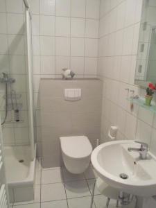 a white bathroom with a toilet and a sink at "Ferienhof Sporleder" - Bauernhaus 2 in Meeschendorf