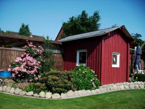 a red shed with a flowering bush in front of a yard at Gisela Werner in Groß Wittensee