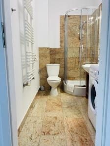 een badkamer met een toilet, een douche en een wastafel bij Apartament Walczaka 15 MIEJSCE PARKINGOWE in Gorzów Wielkopolski