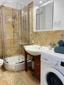 y baño con ducha, lavabo y lavadora. en Apartament Walczaka 15 MIEJSCE PARKINGOWE, en Gorzów Wielkopolski