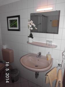 a bathroom with a sink and a mirror at Hotel garni am Thüringer KloßTheater in Friedrichroda