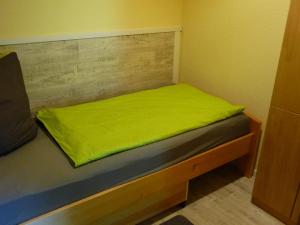a bed with a green blanket on top of it at Wohnung "Doppelspitze" in Hohenhameln