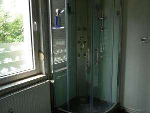 a glass shower in a bathroom next to a window at Wohnung "Doppelspitze" in Hohenhameln